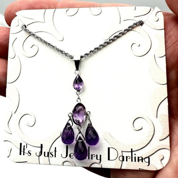 Womens 14K White Gold Amethyst Briolette Pendant On 10K Rope Chain Necklace - Picture 1 of 5